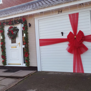 Christmas decorated garage door